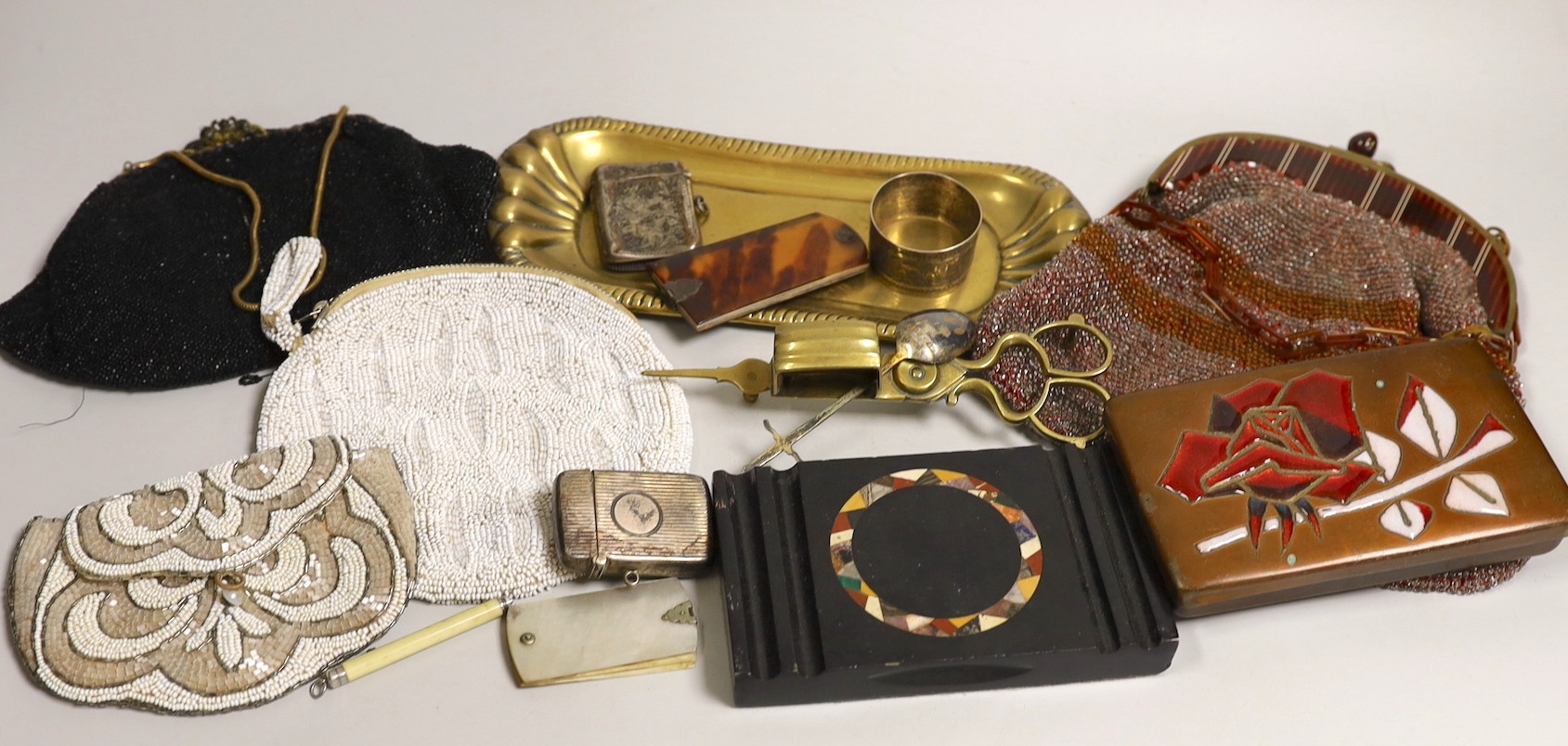 A paisley pattern silk shawl (damaged), together with four beaded evening bags, A Japanese copper, enamelled tin by Ando, 15cms wide x 8.5cms deep, and other ephemeral items including silver and an S. Mordan & Co. bone p